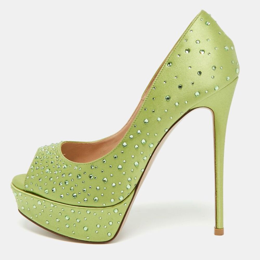 Valentino Size 36.5 Green Satin Crystal Embellished Platform Pumps